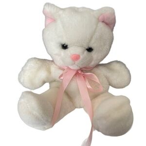 Teddy bear plush puppet, white with black eyes and pink ears, 13 inches tall.